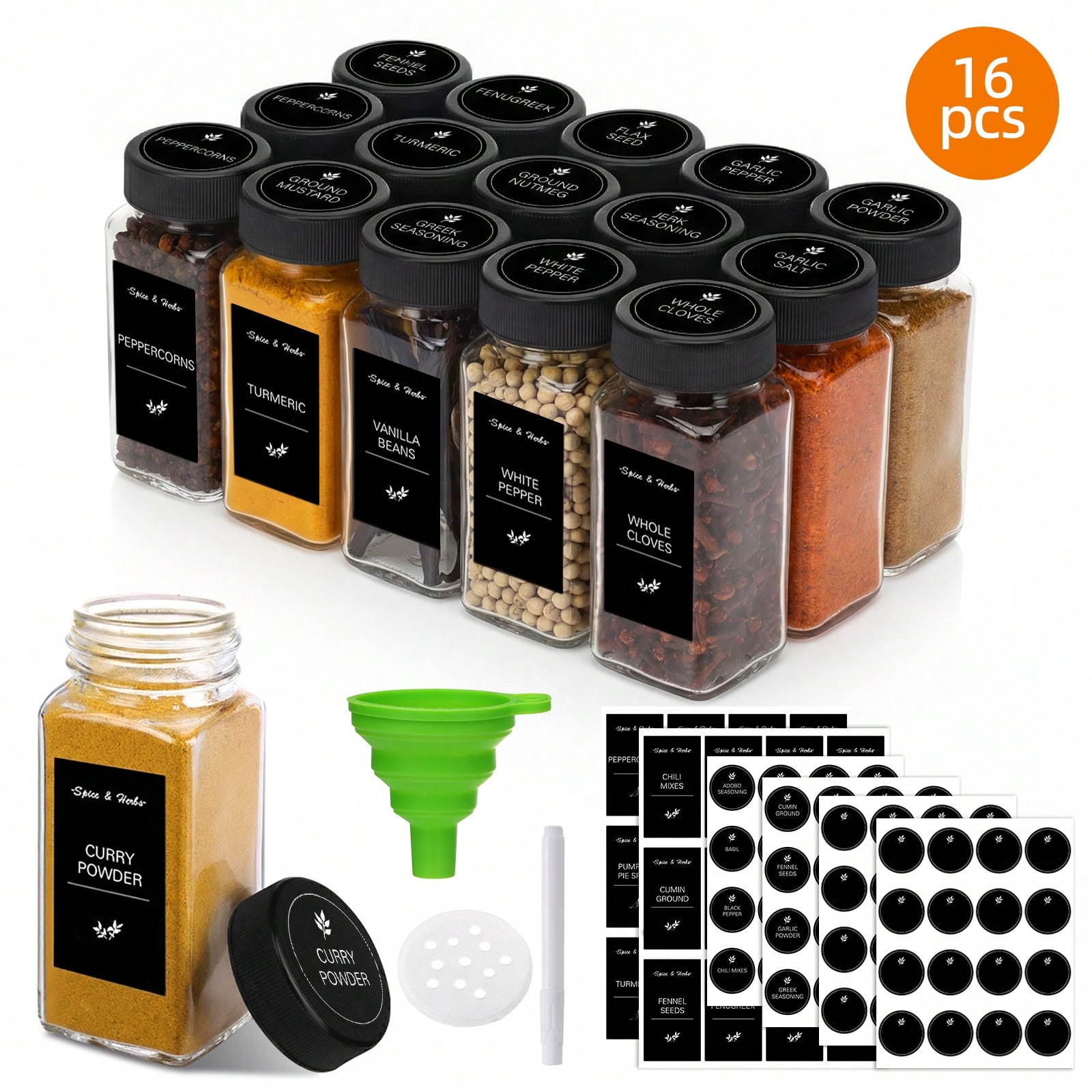 Spice Jar Labels - 16/24-delige set vierkante glazen kruidenpotjes van