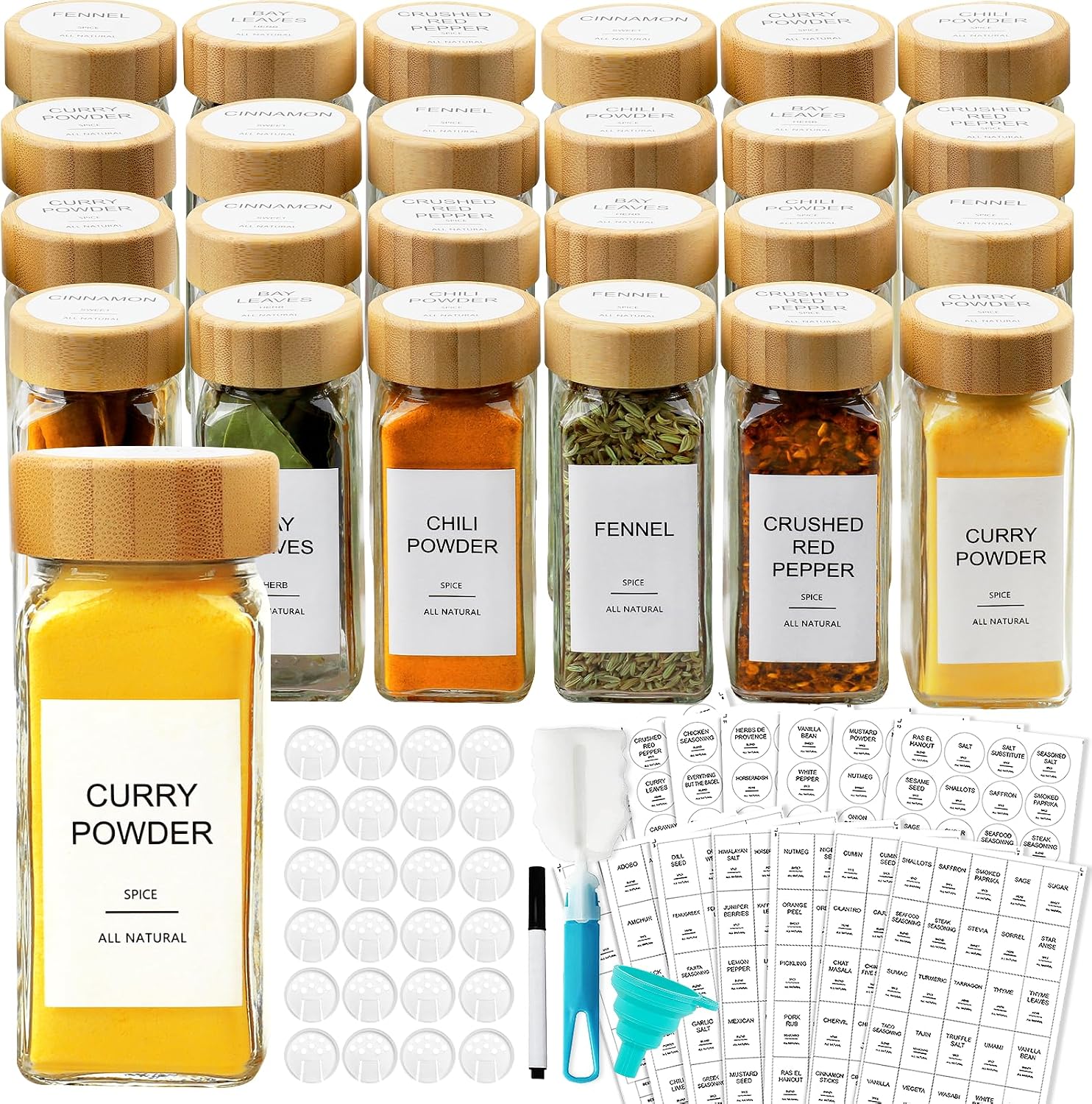 Spice Jar Labels - Glazen kruidenpotjes met bamboe deksels, inclusief